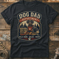 Dark gray t-shirt graphic with Doberman, leash, ball, and text "Dog Dad Department".