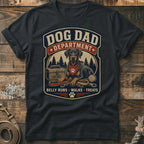 Dark gray t-shirt graphic with Doberman, leash, ball, and text "Dog Dad Department".