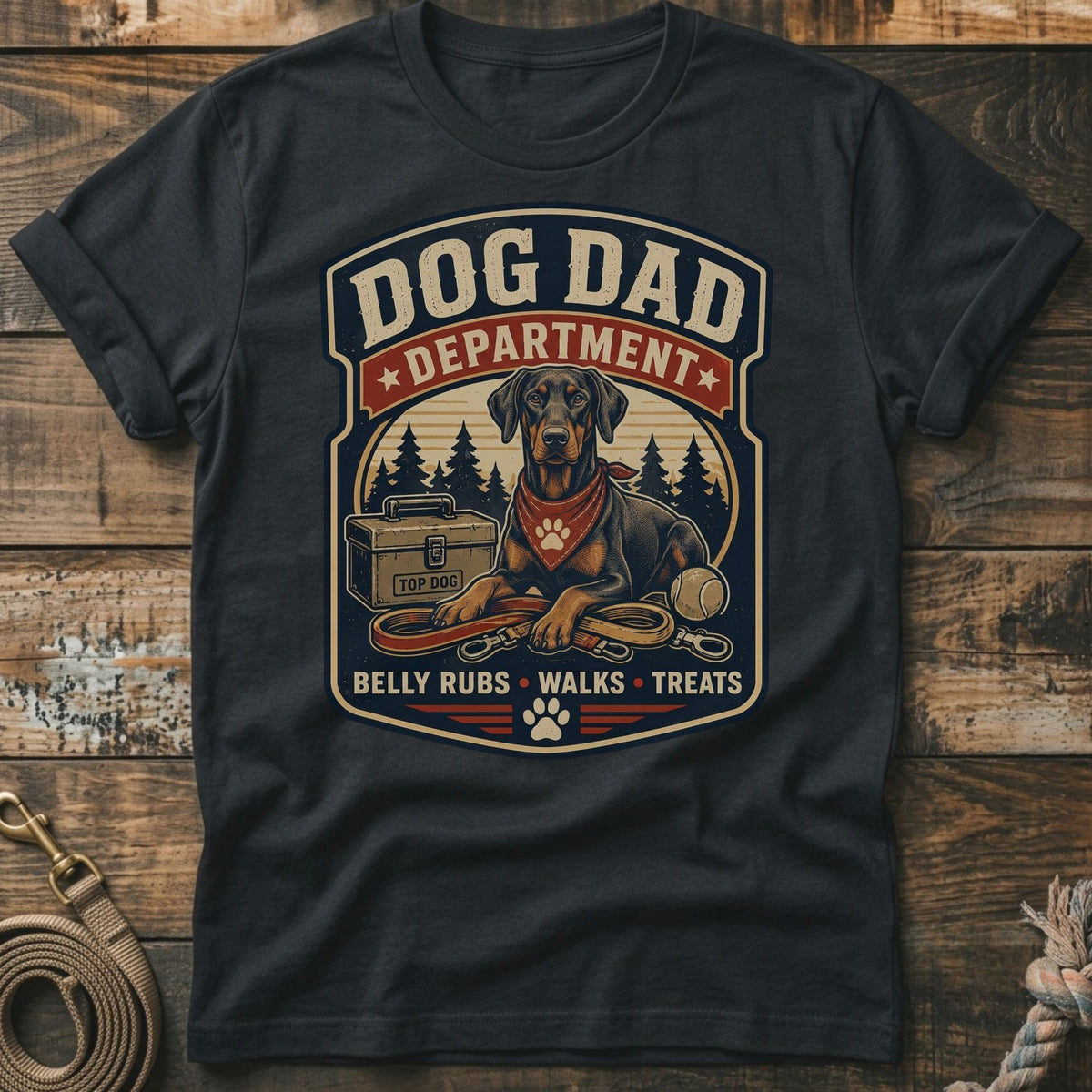 Dark gray t-shirt graphic with Doberman, leash, ball, and text "Dog Dad Department".