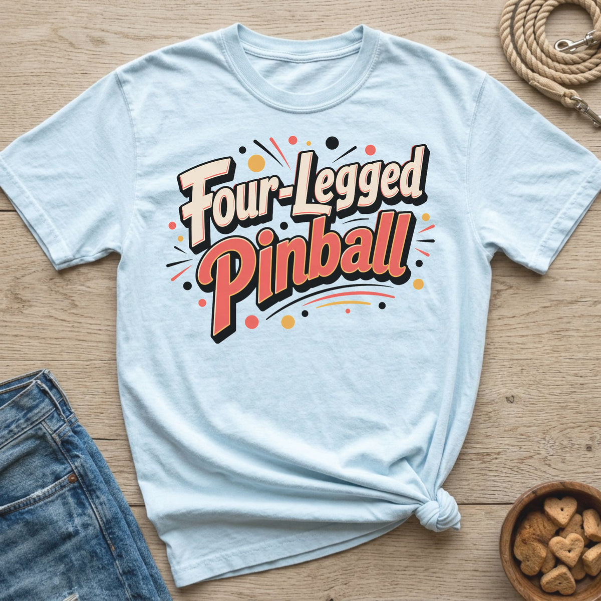Light blue t-shirt with "Four-Legged Pinball" text and festive dots.