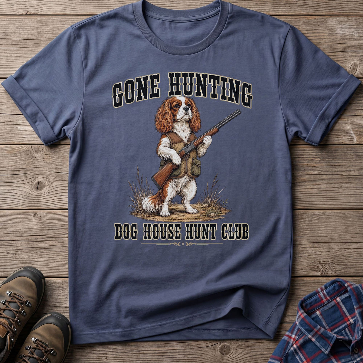 T-shirt with dog holding shotgun, "Gone Hunting" and "Dog House Hunt Club" text.