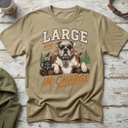 T-shirt with text "LARGE AND IN CHARGE" featuring a bulldog in sunglasses.
