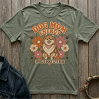 Green t-shirt with "Dog Mom Energy Spoiled Dogs Live Here" text and a fluffy dog.