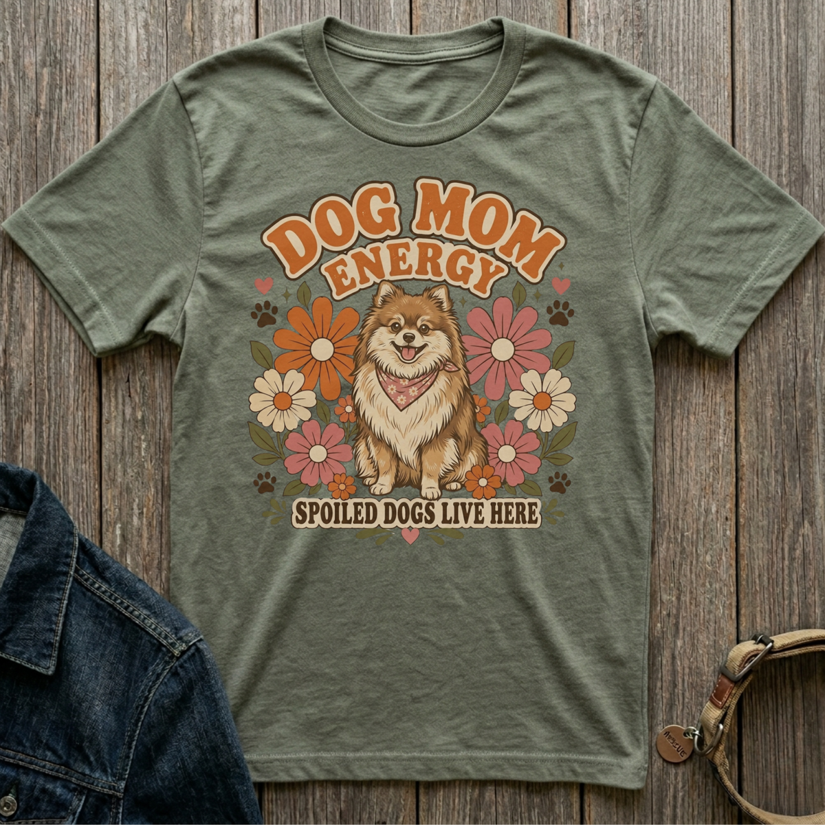 Green t-shirt with "Dog Mom Energy Spoiled Dogs Live Here" text and a fluffy dog.