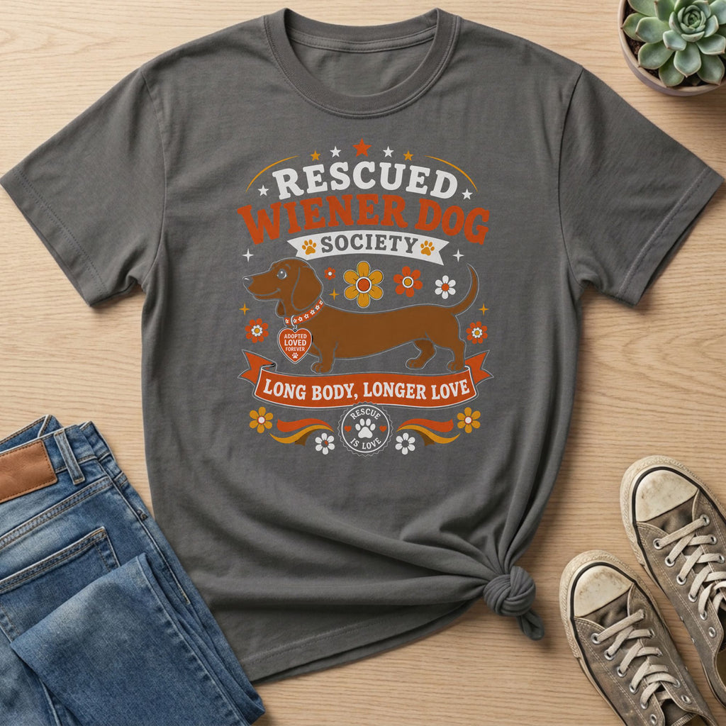 Rescued Wiener Dog Society graphic with a dachshund and "Long Body, Longer Love" text.