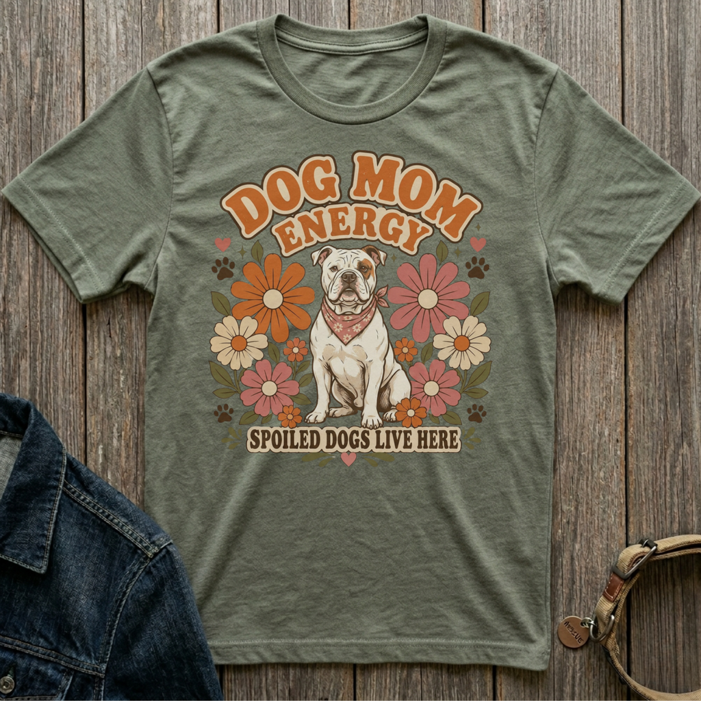 Green t-shirt with a bulldog and "Dog Mom Energy Spoiled Dogs Live Here" text.