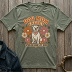 Green t-shirt with a bulldog and "Dog Mom Energy Spoiled Dogs Live Here" text.