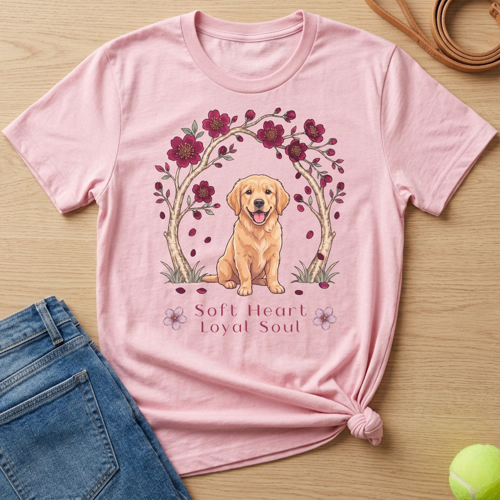 Pink t-shirt with Golden Retriever, flowers, and text "Soft Heart Loyal Soul".