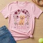 Pink t-shirt with Golden Retriever, flowers, and text "Soft Heart Loyal Soul".
