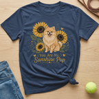 Navy t-shirt with a Pomeranian dog and sunflowers. Text reads "You Are My Sunshine Pup."
