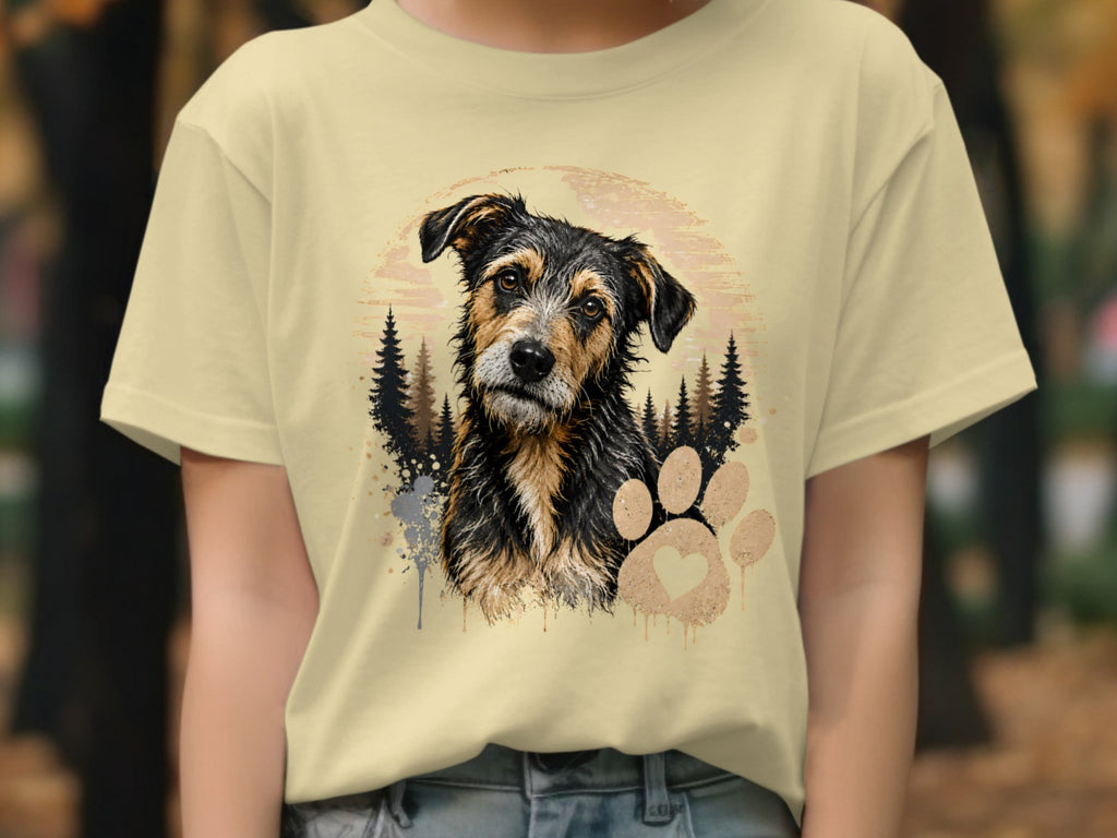 Sketch of a scruffy dog in a forest with a paw print and heart.