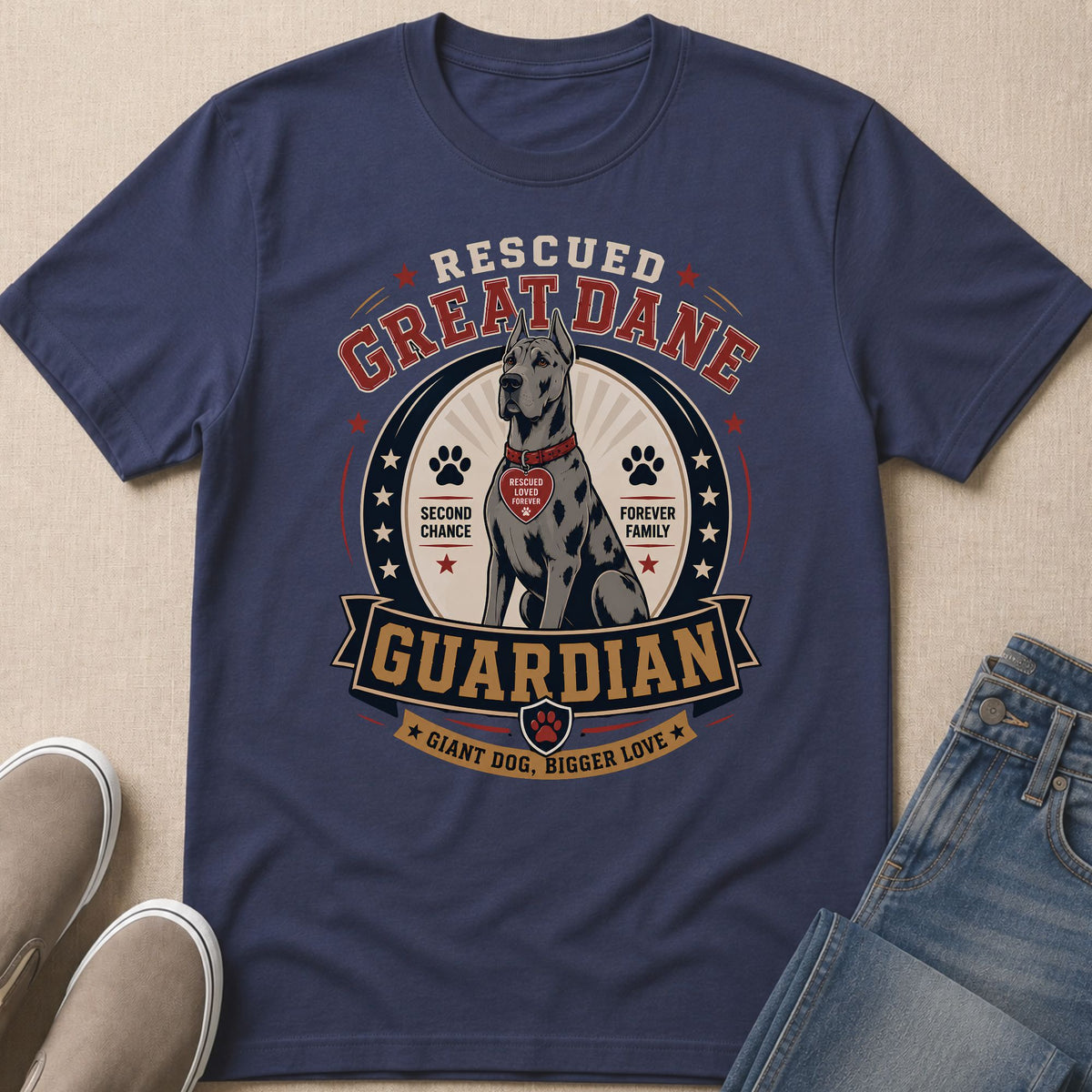 Rescued Great Dane Guardian t-shirt with dog graphic and "Giant Dog, Bigger Love" text.