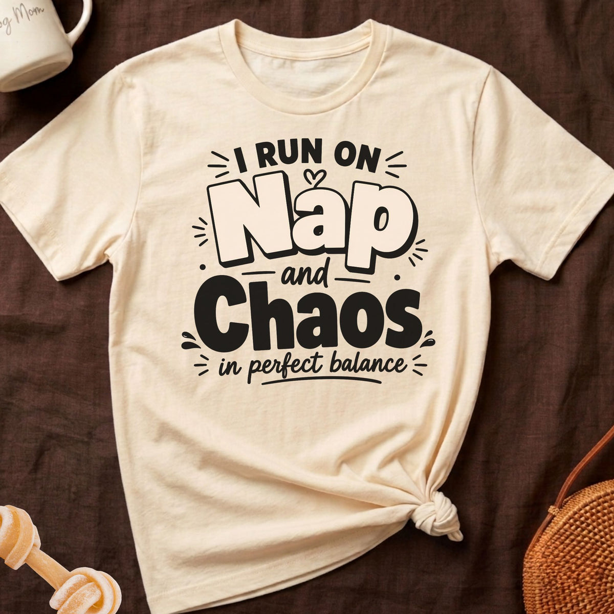 Cream t-shirt with black text reading "I Run on Nap and Chaos in perfect balance".