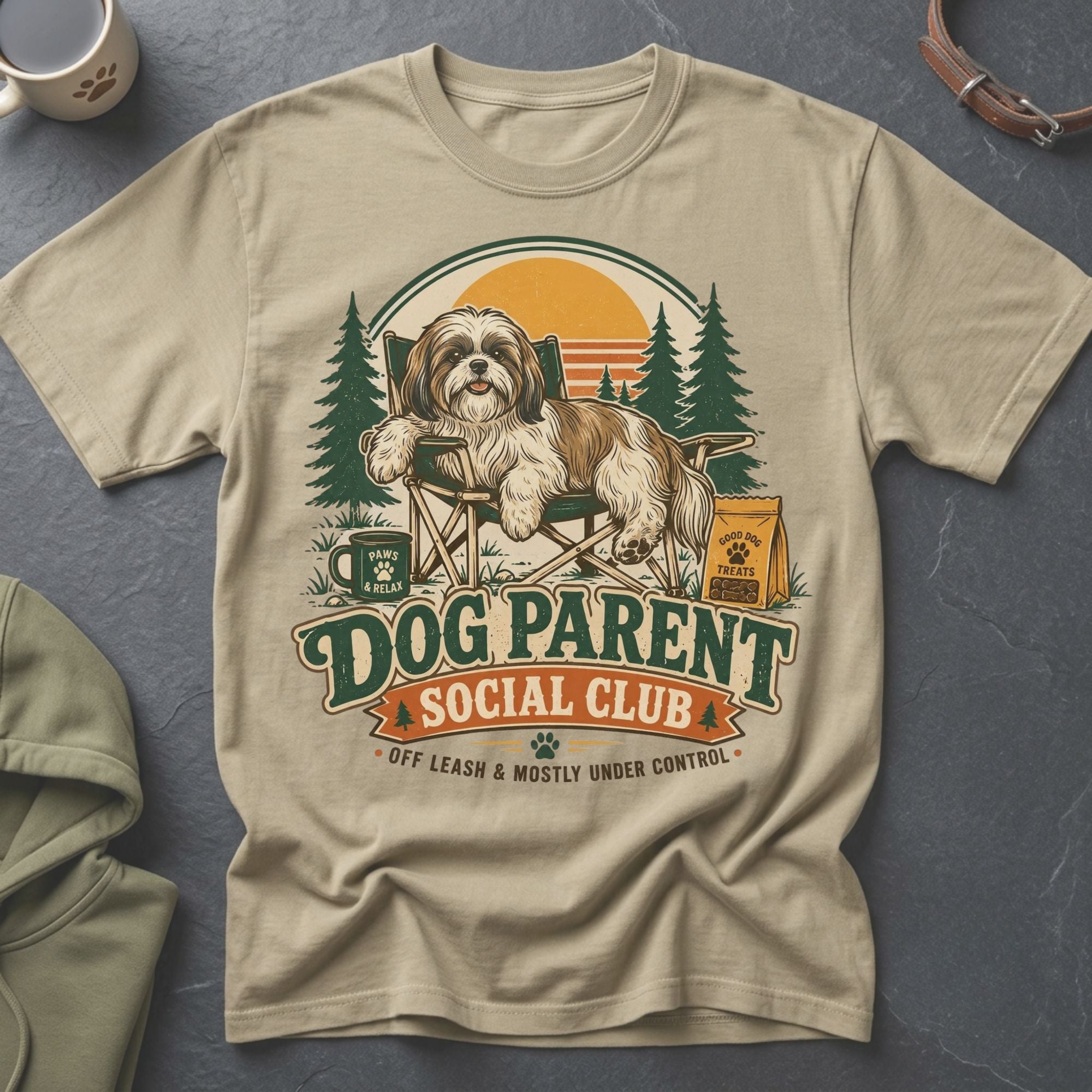 T-shirt with a shih tzu dog sitting in a chair with text "Dog Parent Social Club".
