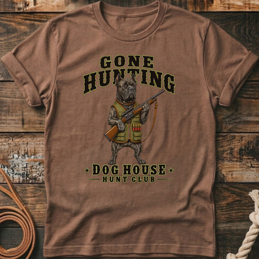 Brown t-shirt with "Gone Hunting" text and a dog in hunting gear holding a shotgun.