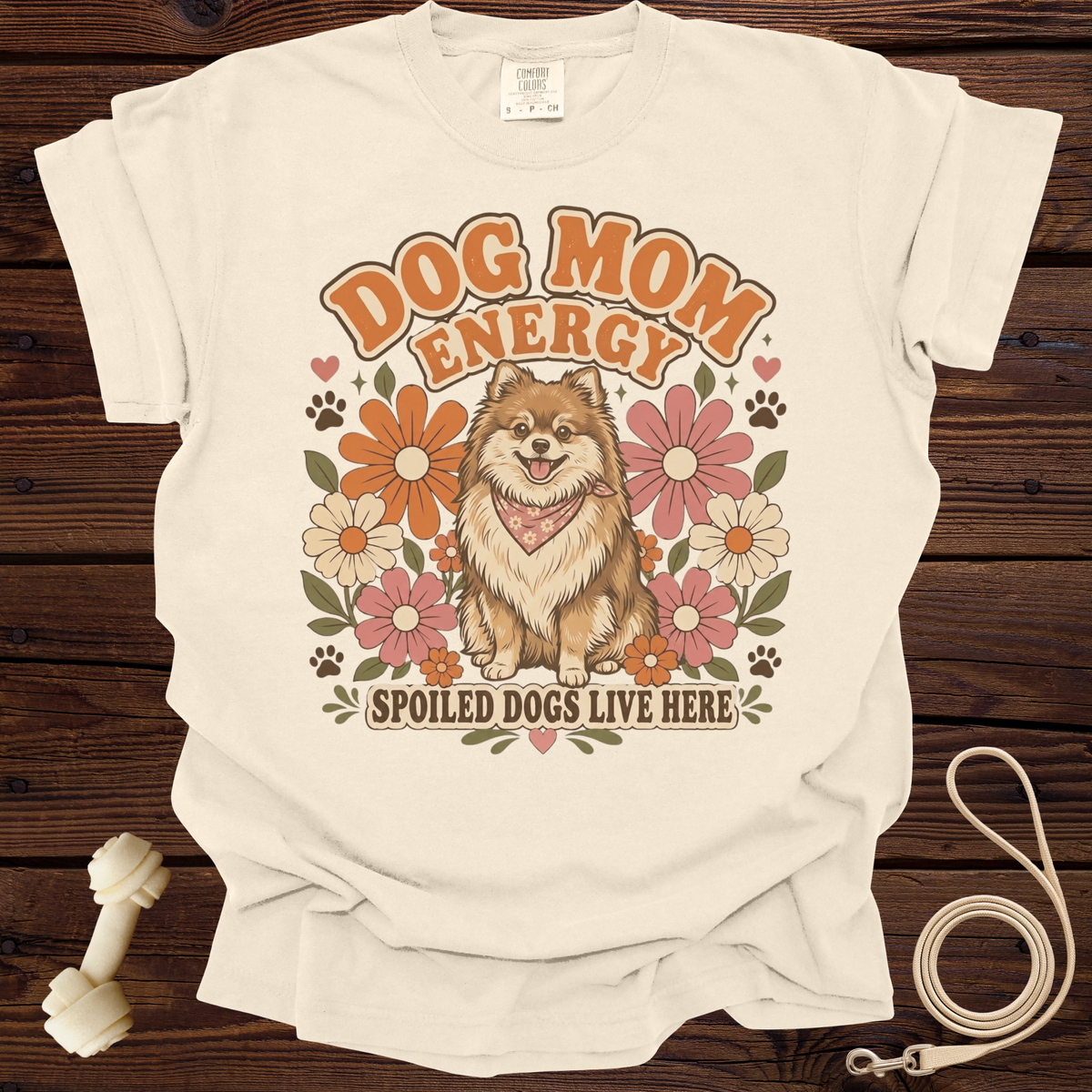 Cream t-shirt with "DOG MOM ENERGY" and dog graphic, "SPOILED DOGS LIVE HERE" text.