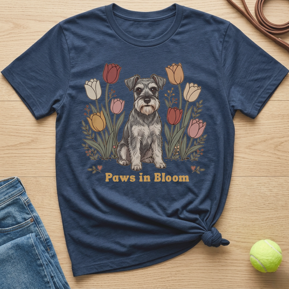 Navy t-shirt with a schnauzer dog surrounded by tulips and text "Paws in Bloom."