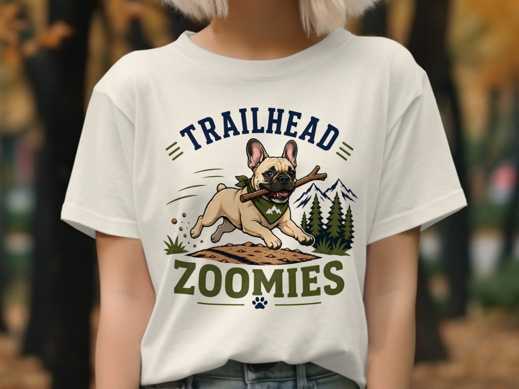 French bulldog running with stick on shirt, text "TRAILHEAD ZOOMIES"