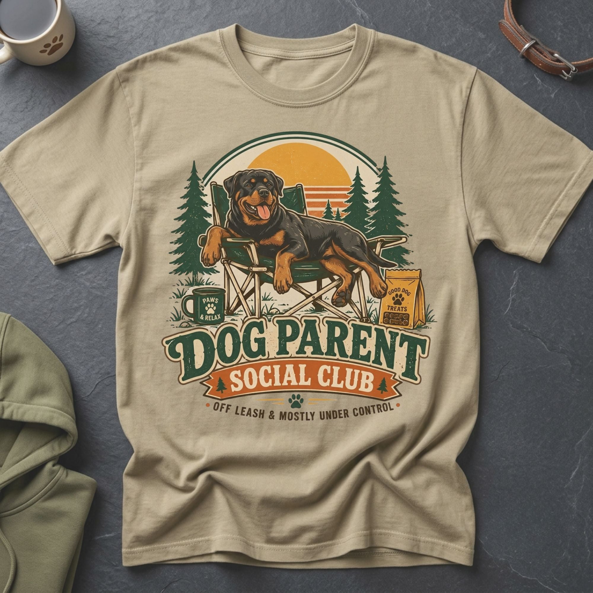 T-shirt graphic with Rottweiler relaxing, text "Dog Parent Social Club".