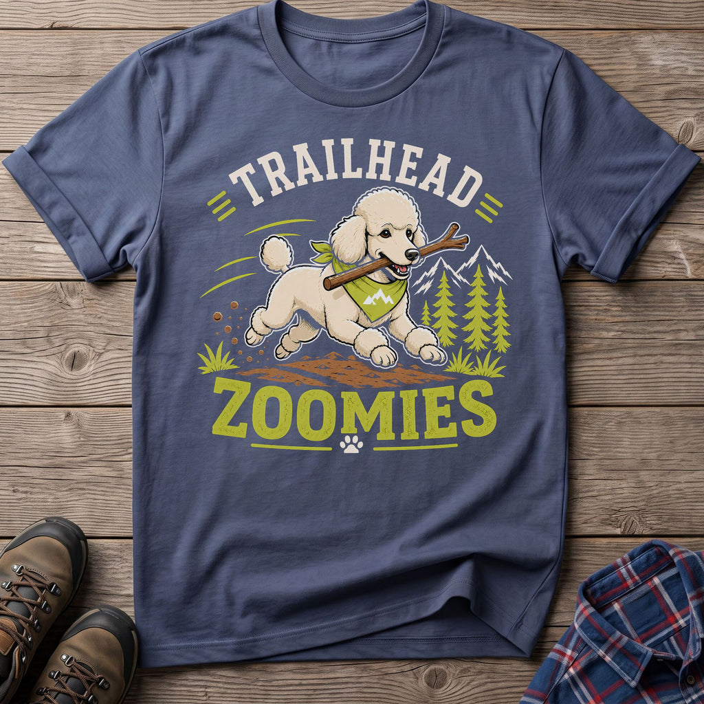 T-shirt with a white poodle running with a stick, text "TRAILHEAD ZOOMIES".