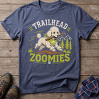 T-shirt with a white poodle running with a stick, text "TRAILHEAD ZOOMIES".