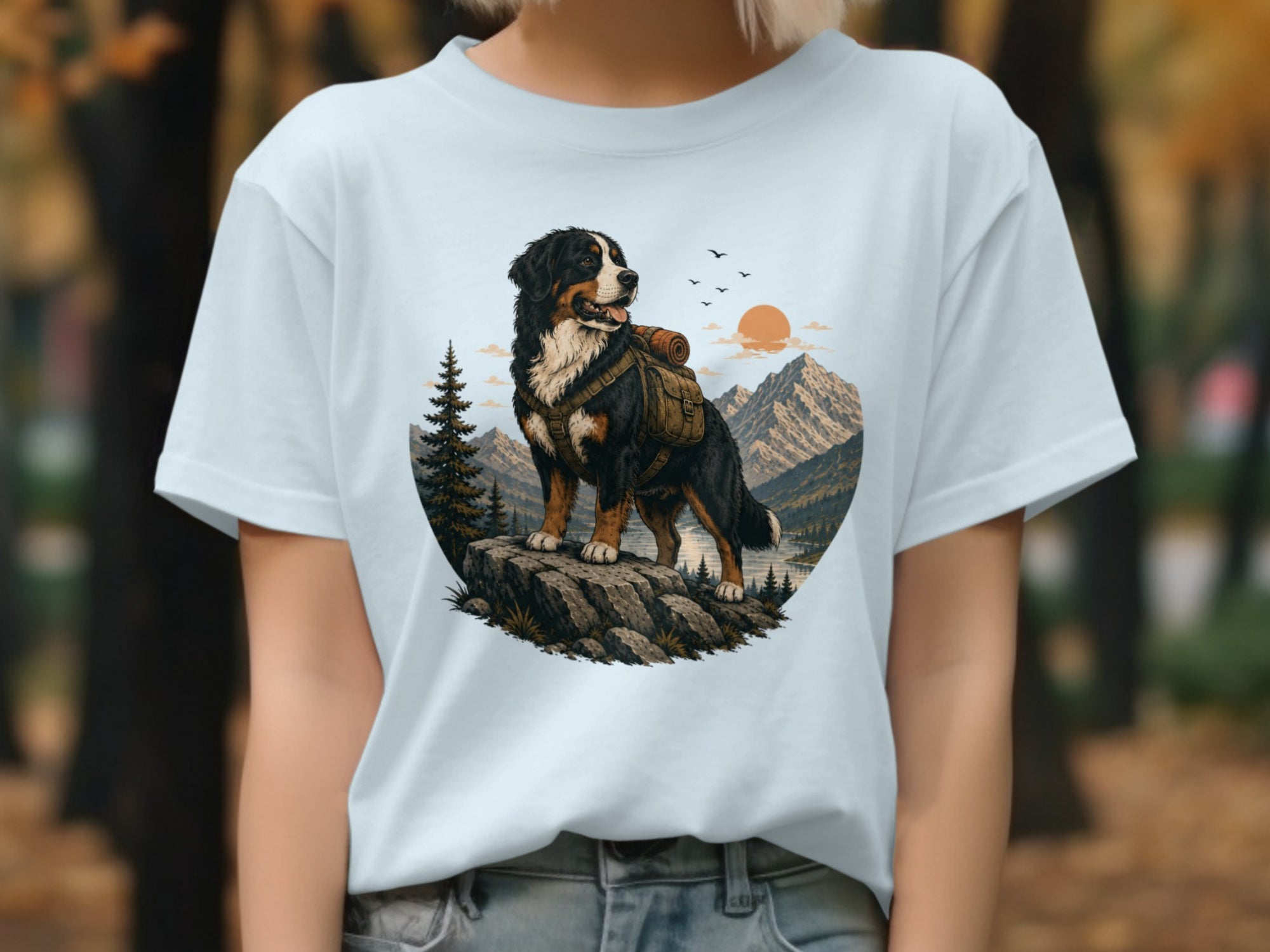Bernese Mountain Dog with backpack on rock overlooking mountains and lake at sunset.
