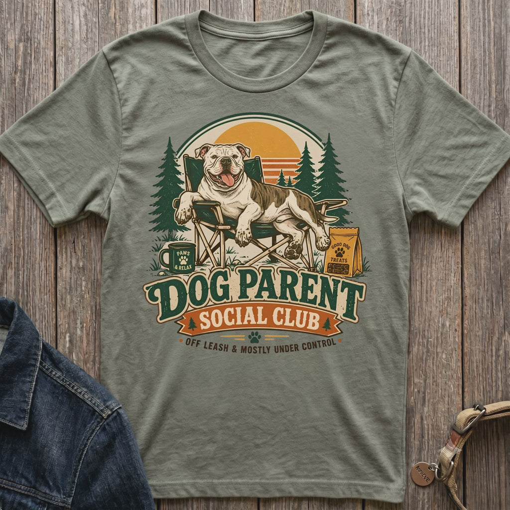 Green t-shirt with dog sitting in chair, "Dog Parent Social Club" text.