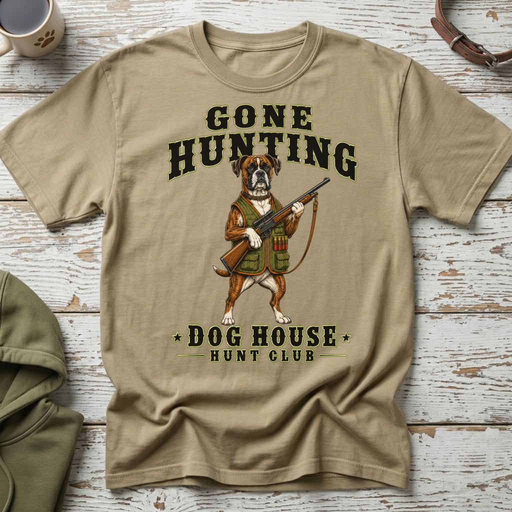 T-shirt with a boxer dog wearing a hunting vest and holding a rifle.