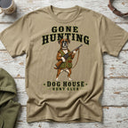 T-shirt with a boxer dog wearing a hunting vest and holding a rifle.