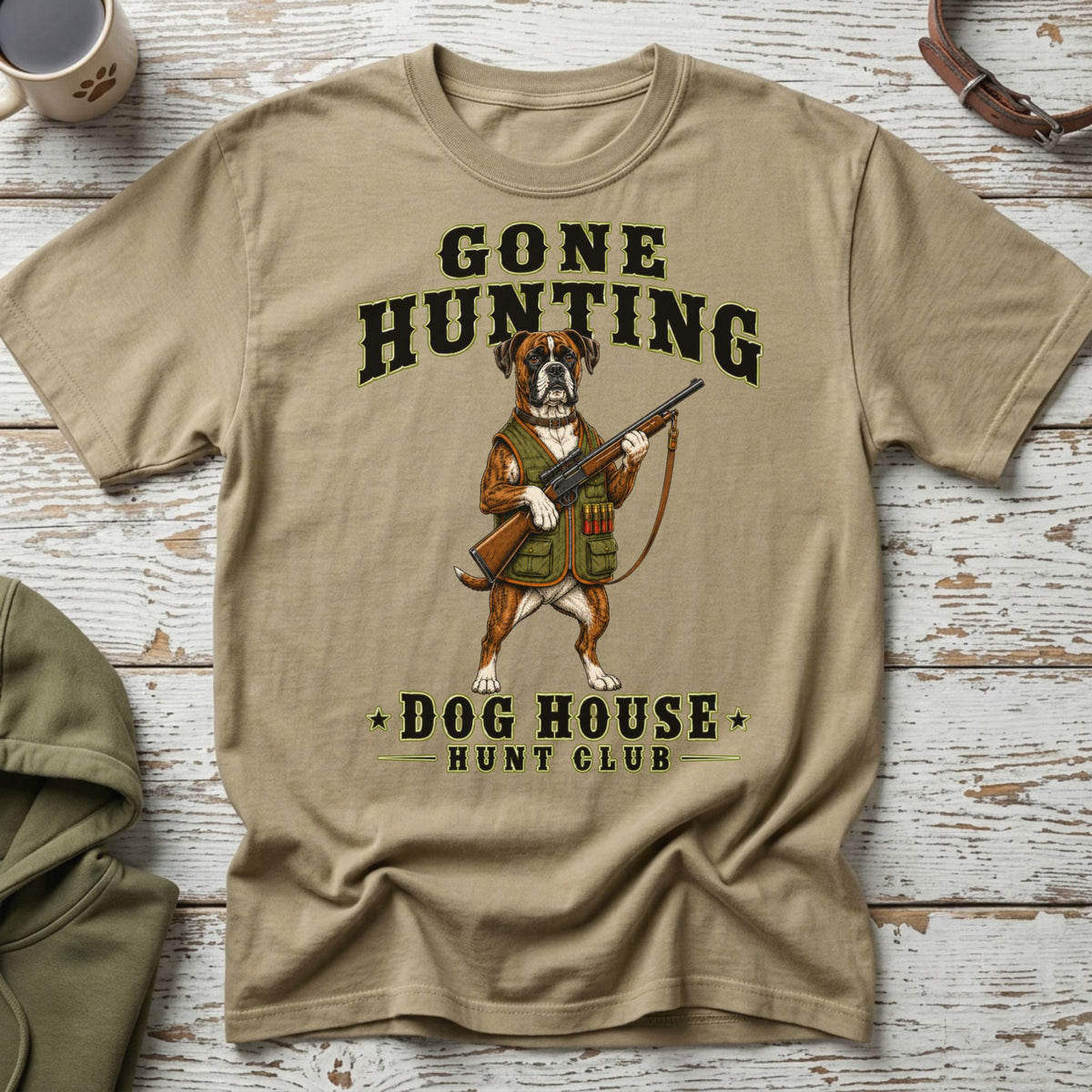 T-shirt with a boxer dog wearing a hunting vest and holding a rifle.