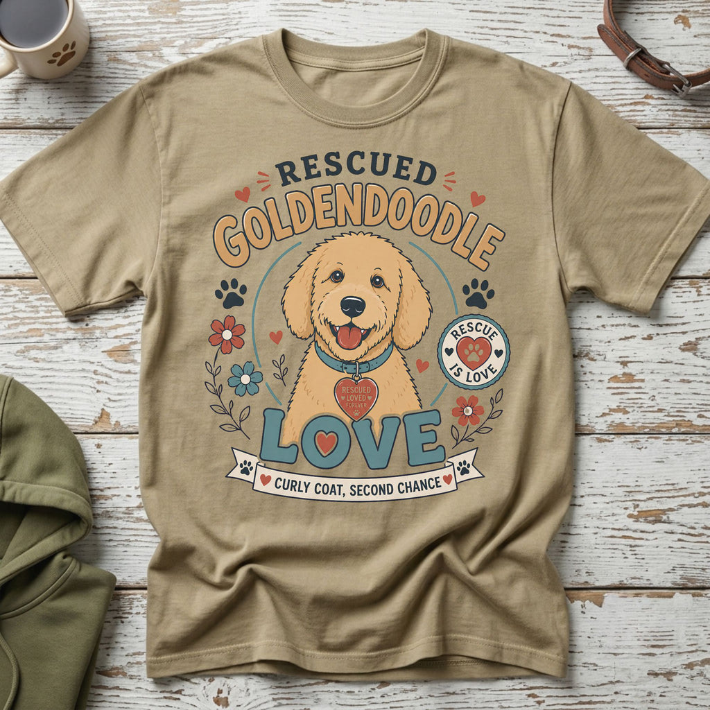 Rescued Goldendoodle shirt with dog graphic and "Rescue is Love" text.