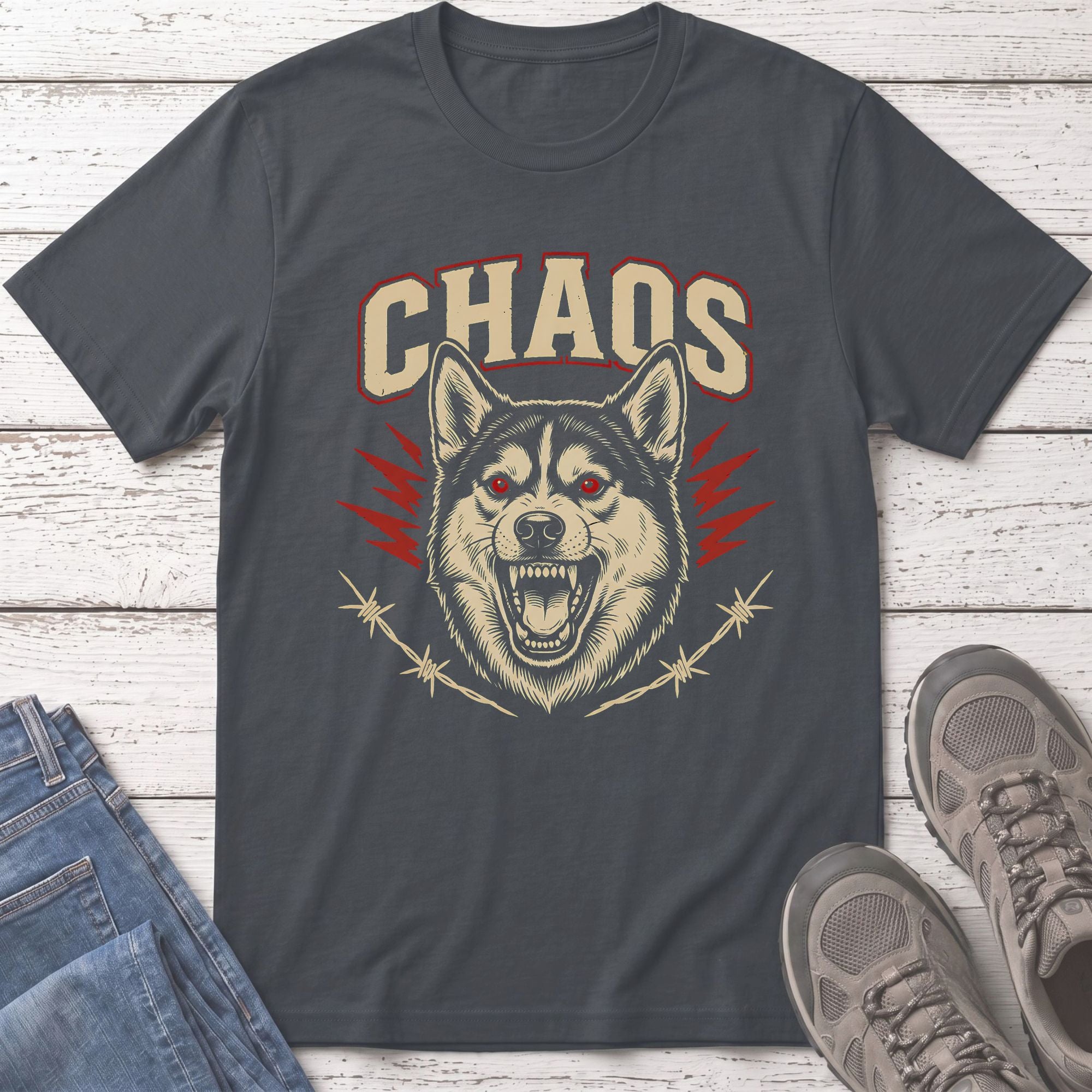 Dark gray t-shirt with "CHAOS" text and a snarling wolf graphic with barbed wire.