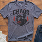 Gray t-shirt with black and red "CHAOS" text over a dog's head and barbed wire.