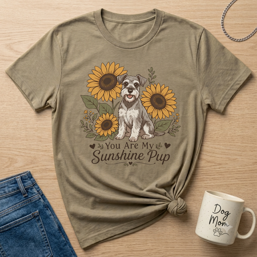 T-shirt with a grey schnauzer and sunflowers, text "You Are My Sunshine Pup".