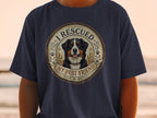 Bernese Mountain Dog with text "I RESCUED MY BEST FRIEND" on a shirt.