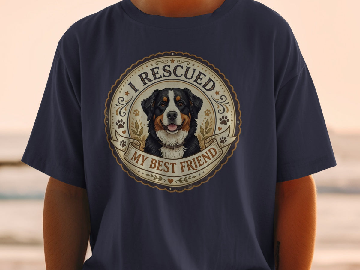 Bernese Mountain Dog with text "I RESCUED MY BEST FRIEND" on a shirt.