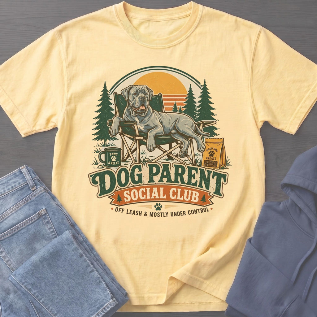 Yellow t-shirt with a graphic of a dog on a chair, trees, and the text "Dog Parent Social Club".