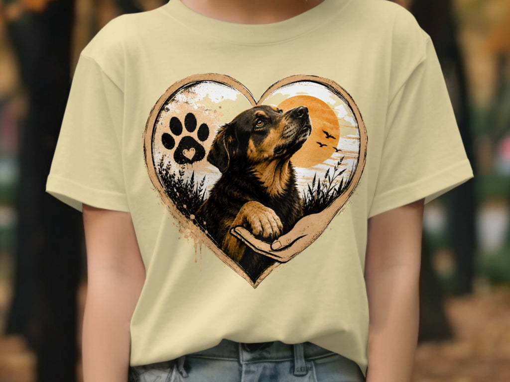 Dog portrait with paw print inside a heart-shaped frame at sunset.