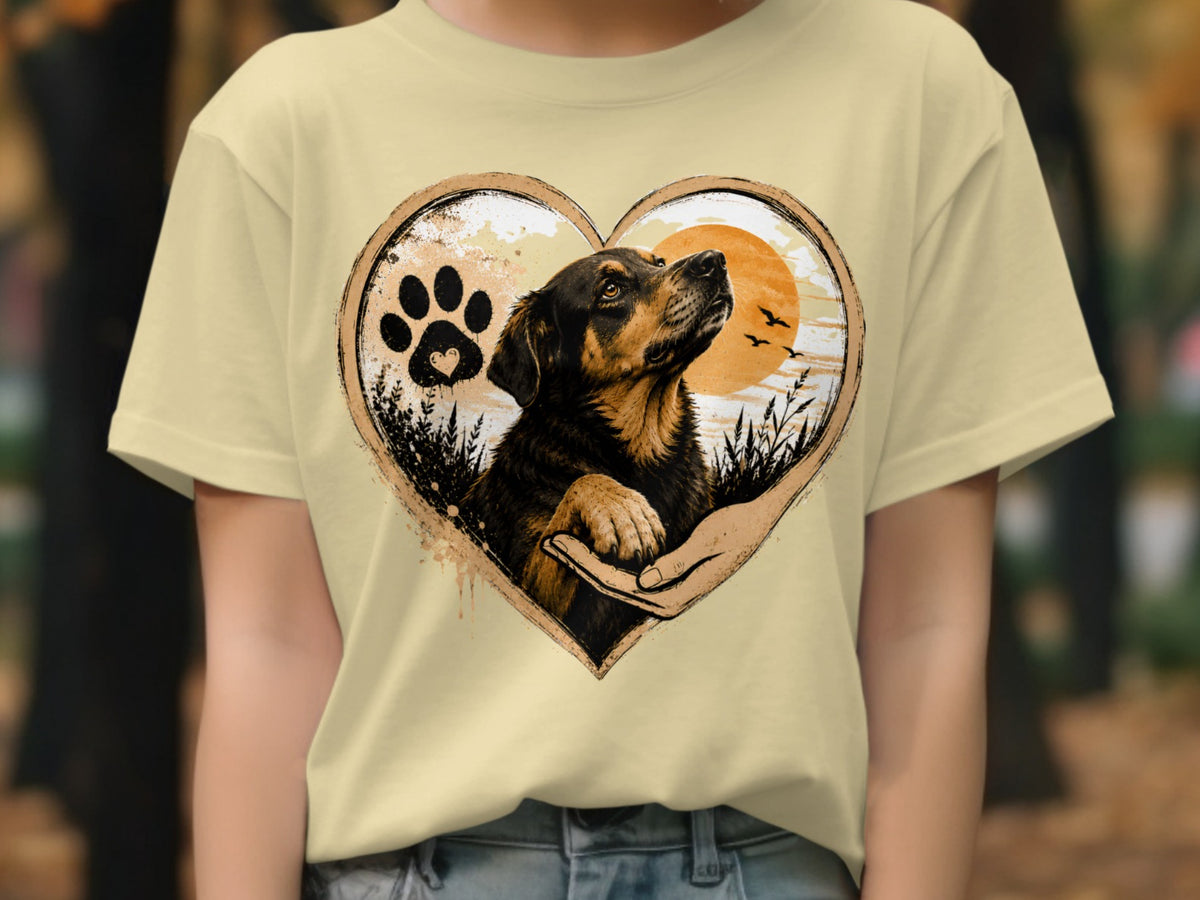 Dog portrait with paw print inside a heart-shaped frame at sunset.