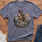 Boxer dog wearing a backpack stands on a rock in a mountain landscape on a t-shirt.