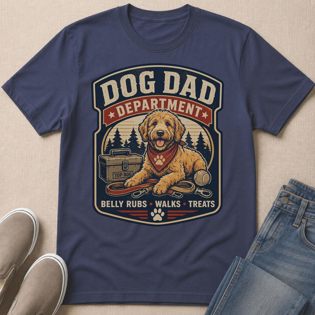 Dog Dad Department with doodle dog, leash, and treats, "Belly Rubs Walks Treats"
