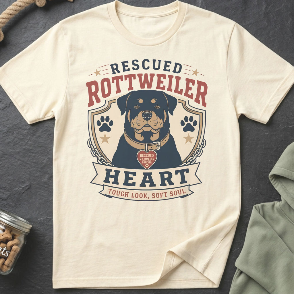 Cream t-shirt with "Rescued Rottweiler Heart Tough Look, Soft Soul" graphic.