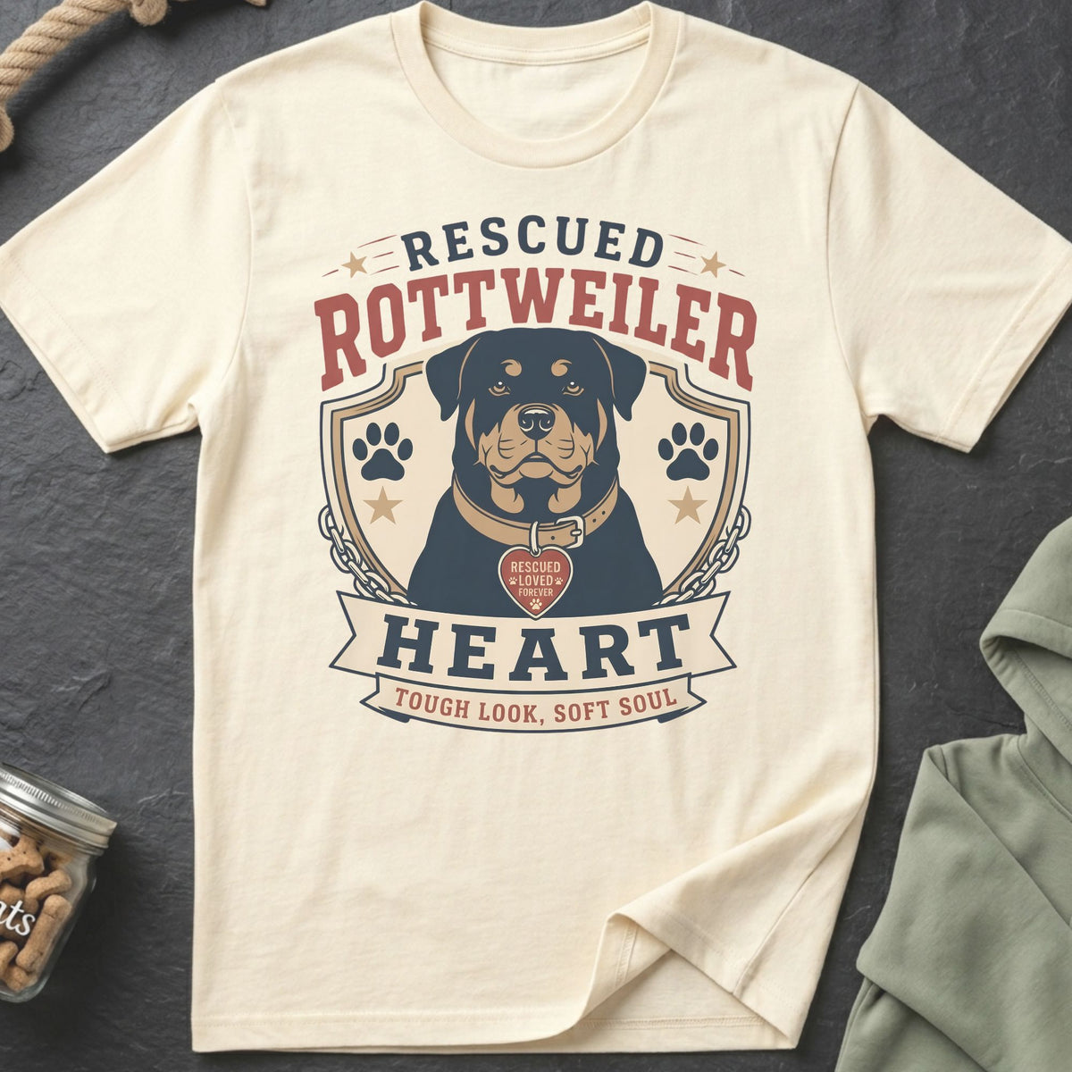 Cream t-shirt with "Rescued Rottweiler Heart Tough Look, Soft Soul" graphic.