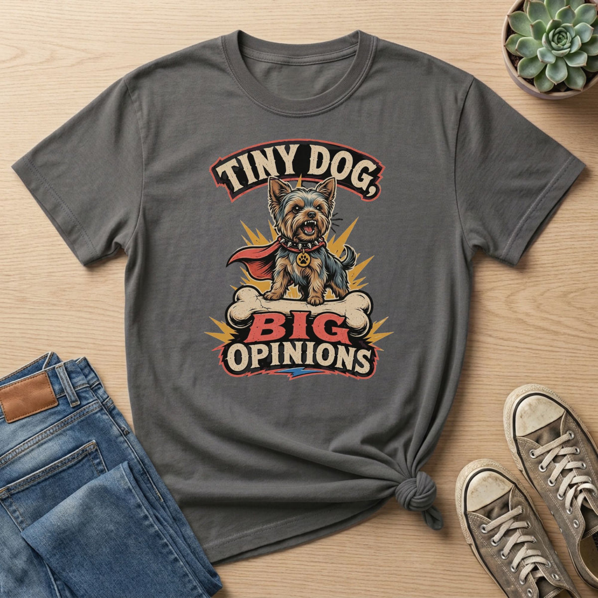 Yorkshire Terrier graphic on a t-shirt with "Tiny Dog, Big Opinions" text.