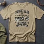 Tan t-shirt with "I work hard so my dog can ignore me in comfort Club Zoomie" text.