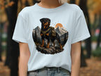 Rottweiler with backpack on rocks, mountains, trees, and sunset.