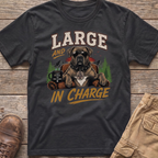 Dark grey t-shirt with a graphic of a dog saying "Large and in charge" and a coffee mug.