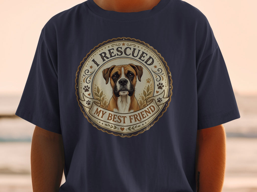 Boxer dog portrait on shirt with text "I Rescued My Best Friend".