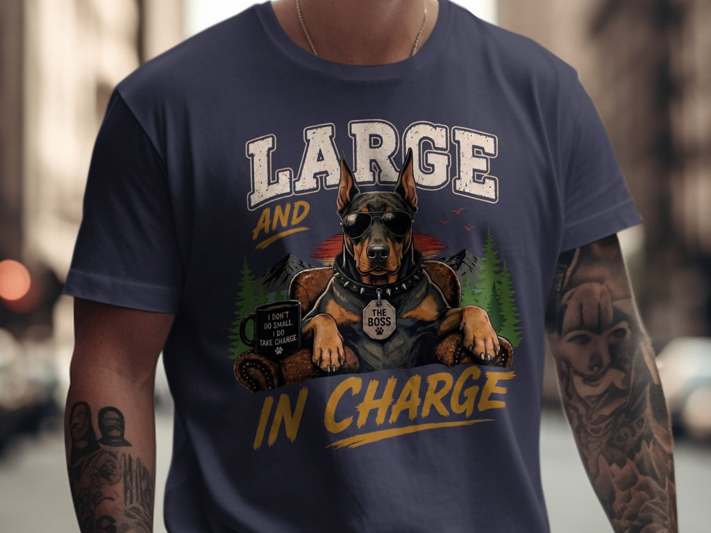 Doberman wearing sunglasses and a collar, holding a coffee mug with text "Large and in Charge."