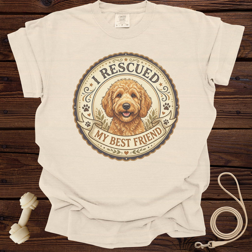 Cream t-shirt with "I RESCUED MY BEST FRIEND" and a doodle dog graphic.